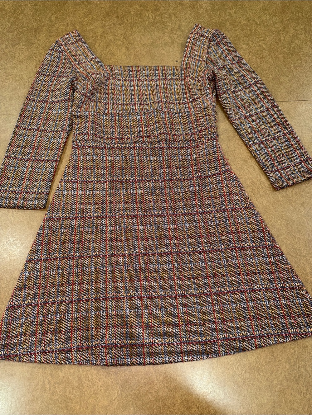 Free People Multicolor Plaid Tweed Long-Sleeve Square Neck Dress • Like NEW • 2